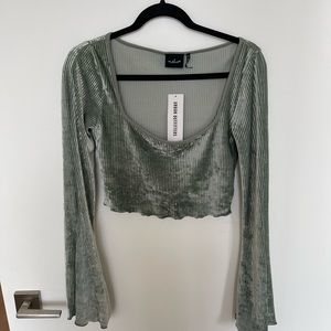 Sage velvet cropped long sleeve with scalloped edges